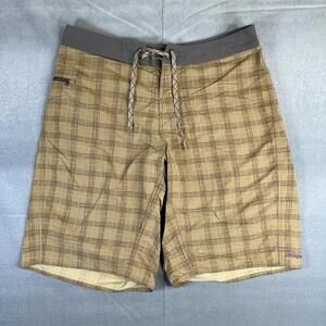 Patagonia Board Shorts Mens 36 Gold Plaid Nylon Unlined Surf Swim Pocket